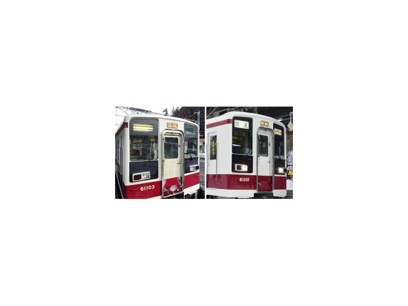 列車の行き先や種別を表す方向幕などが盗まれた野岩鉄道の車両「61103編成」（左）と通常の車両（同社提供）