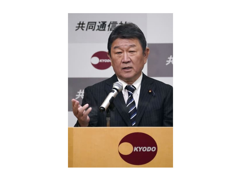 講演後、記者の質問に答える自民党の茂木幹事長＝24日午後、東京都港区の共同通信社