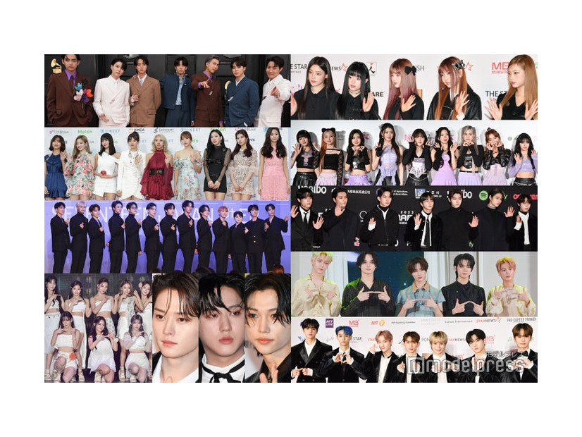 （左上から）時計回りにBTS／Photo by Getty Images NewJeans、Kep1er、ENHYPEN、TOMORROW X TOGETHER、TEMPEST、フィリックス、チャンビン、リノ、fromis_9、SEVENTEEN（C）モデルプレス TWICE／Photo by Getty Images