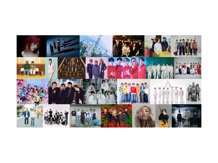 （上段）アイナ・ジ・エンド、AliA、&TEAM、ENHYPEN、Omoinotake、Kis-My-Ft2（中上段）King ＆ Prince、郷ひろみ、THE RAMPAGE、THE ALFEE、SUPER EIGHT、SixTONES、Snow Man、（中下段）超ときめき宣伝部（「ときめき」と「宣伝部」の間にハートマーク）、DISH//、TOMORROW X TOGETHER、Travis Japan、なにわ男子、nobodyknows+（下段）FUNKY MONKEY BΛBY’S、FANTASTICS、BOYNEXTDOOR、MY FIRST STORY × HYDE、MINMI、優里、ゆず（提供写真）