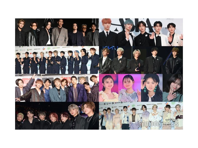 （左上から時計回りに）三代目 J SOUL BROTHERS 、TOMORROW X TOGETHER、 Da-iCE、乃木坂46、櫻坂46、&TEAM、BE:FIRST、超特急、JO1（C）モデルプレス