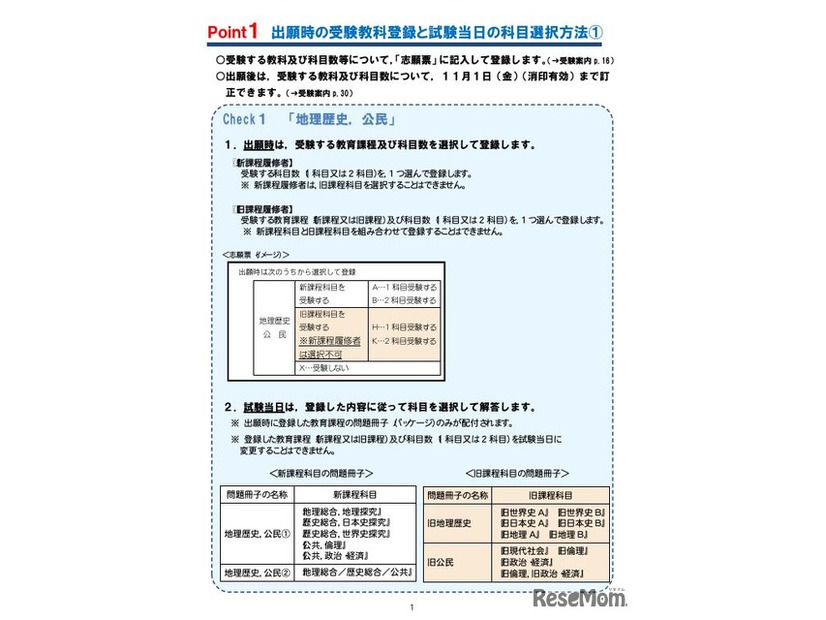 出願時の受験教科登録と試験当日の科目選択方法