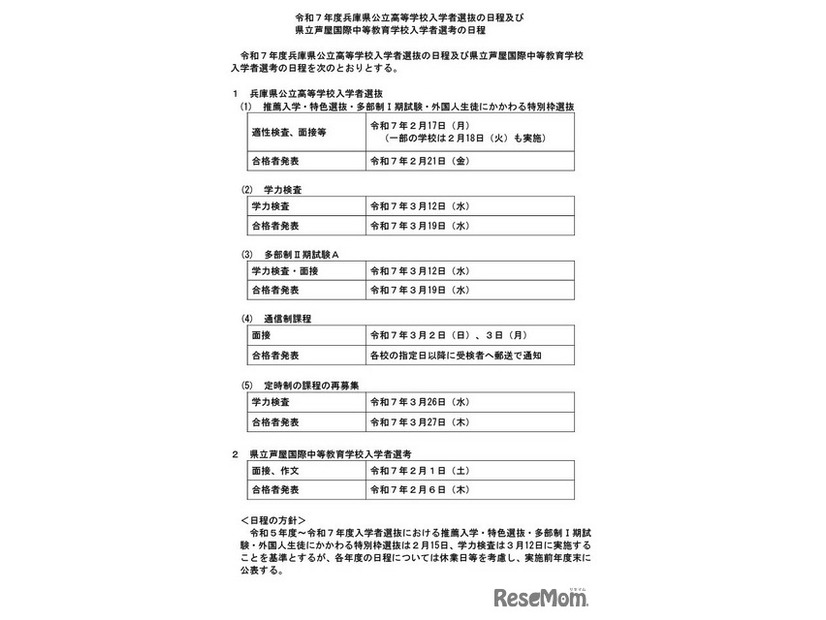 令和7年度兵庫県公立高等学校入学者選抜の日程