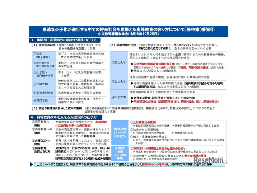 急速な少子化が進行する中での将来社会を見据えた高等教育の在り方について（答申案）要旨