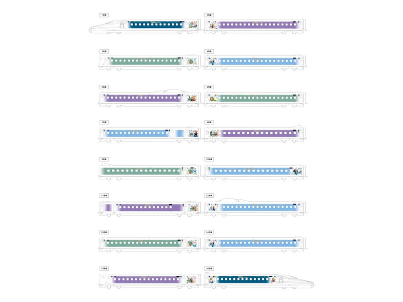 「Wonderful Dreams Shinkansen」の各号車のデザイン（C）Disney
