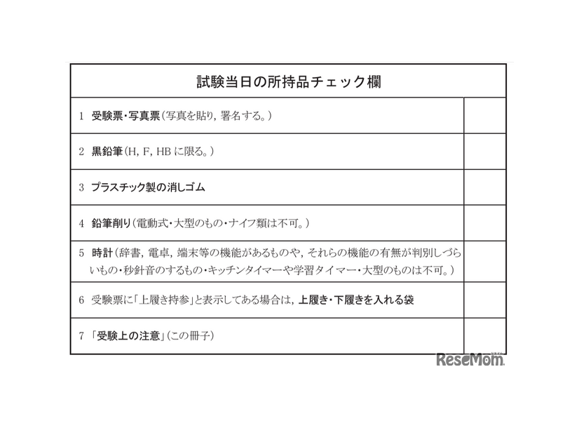 試験当日の所持品チェック