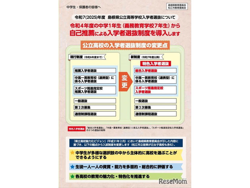 令和7年度 島根県公立高等学校入学者選抜における制度変更