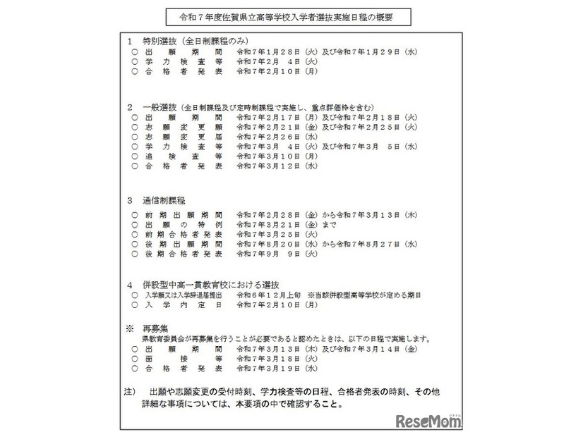 令和7年度佐賀県立高等学校入学者選抜実施日程の概要