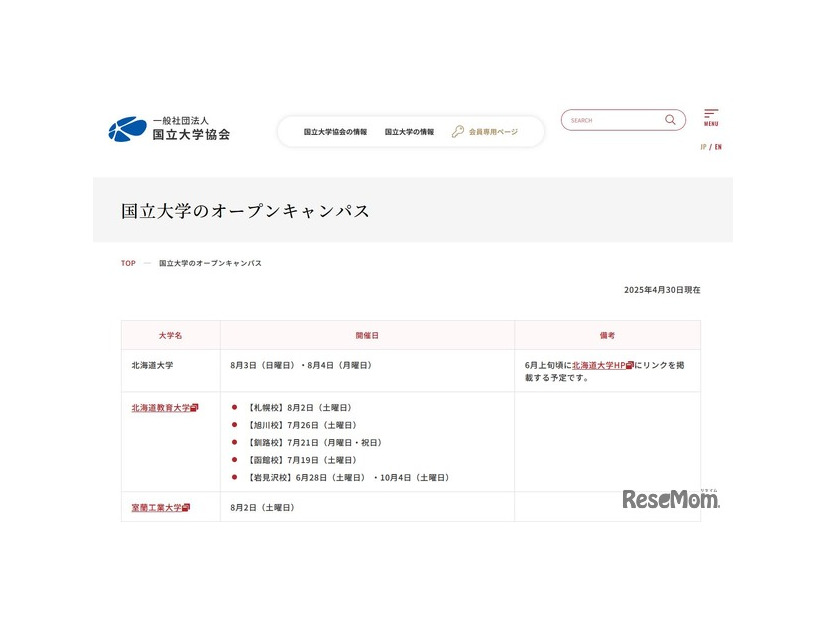 各国立大学オープンキャンパスのリンク集（一部）