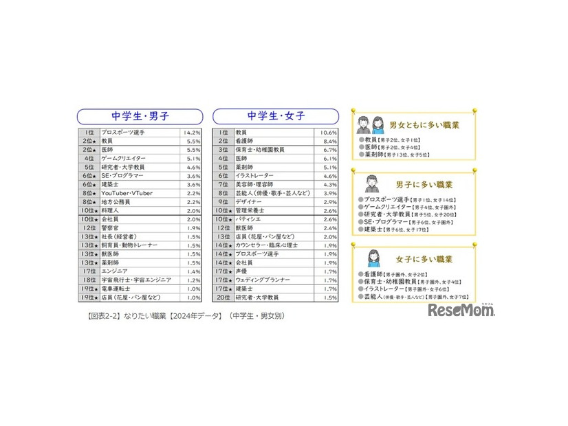 なりたい職業【2024年データ】（中学生・男女別）