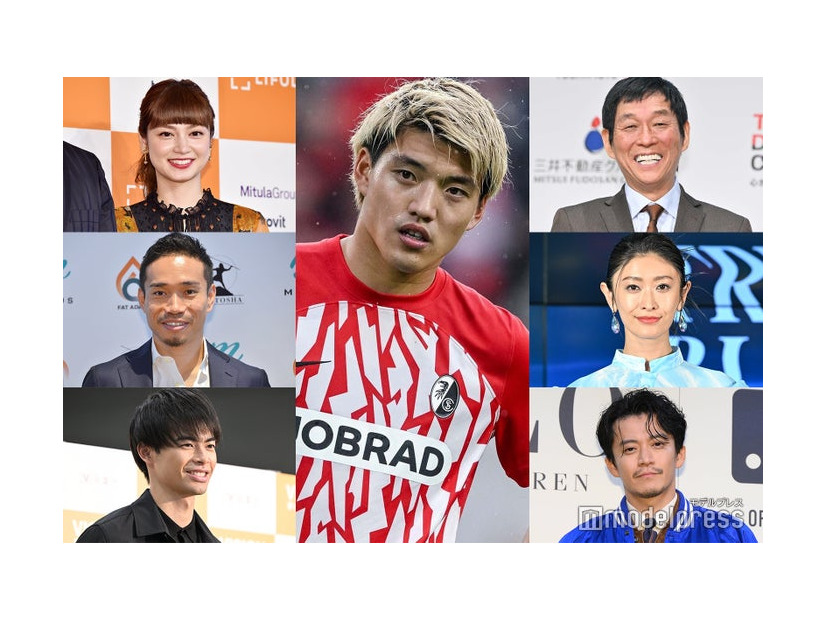 （中央）堂安律選手、（左上から）平愛梨、長友佑都選手、三笘薫選手（右上から）明石家さんま、山田優、小栗旬（C）モデルプレス