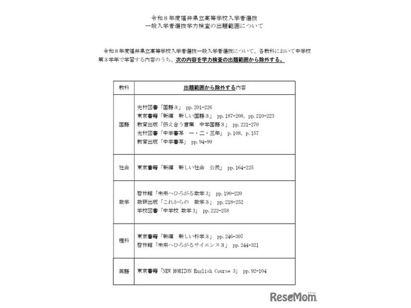 2026年度福井県立高等学校入学者選抜 一般入学者選抜学力検査の出題範囲