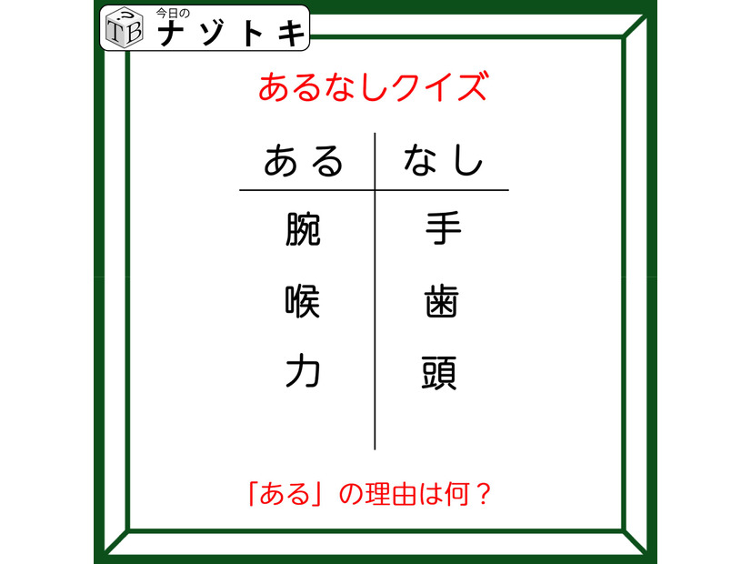 あるなしクイズです！「腕にあって手にない。喉にあって歯にない」あるの共通点とは？【難易度LV３.・中辛】