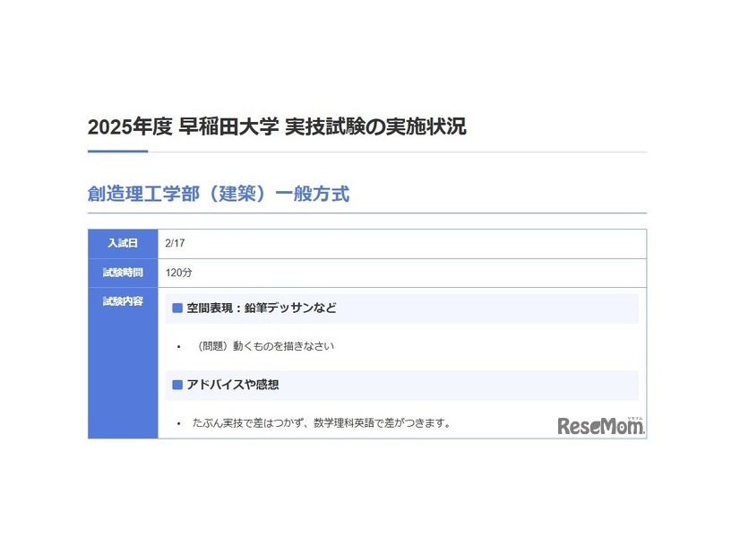 早稲田大学 創造理工学部（建築）一般方式の実技内容