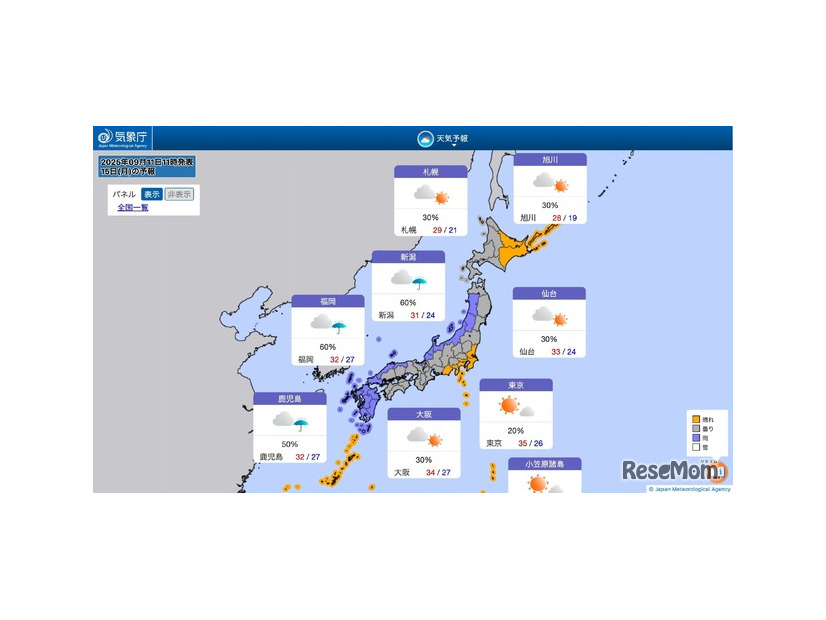 2025年9月15日の全国の天気予報（2025年9月11日11時発表）
