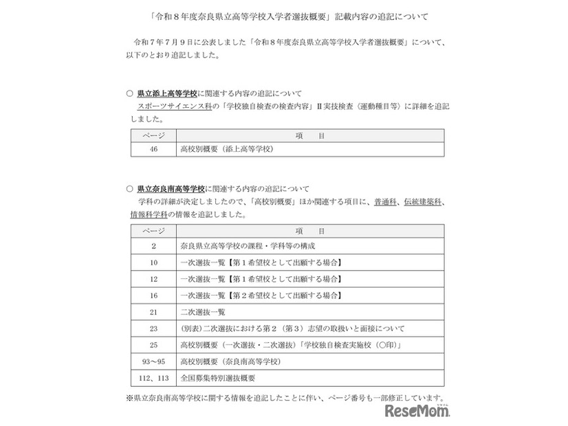 「令和8年度奈良県立高等学校入学者選抜概要」記載内容の追記について
