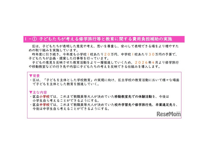 子供たちが考える修学旅行等と教育に関する費用負担補助の実施