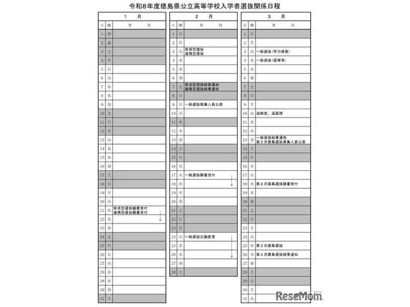 2026年度徳島県公立高等学校入学者選抜関係日程