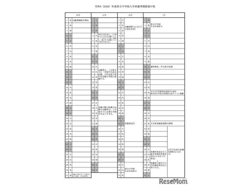令和8（2026）年度 栃木県立中学校入学者選考関係諸日程