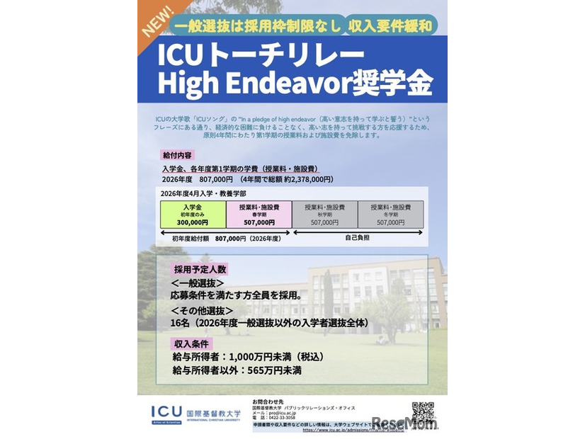 ICUトーチリレー High Endeavor奨学金（2026年度入学生向け）