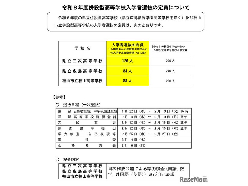 令和8年度併設型高等学校入学者選抜の定員について