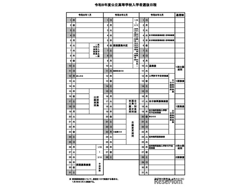 令和8年度公立高等学校入学者選抜日程