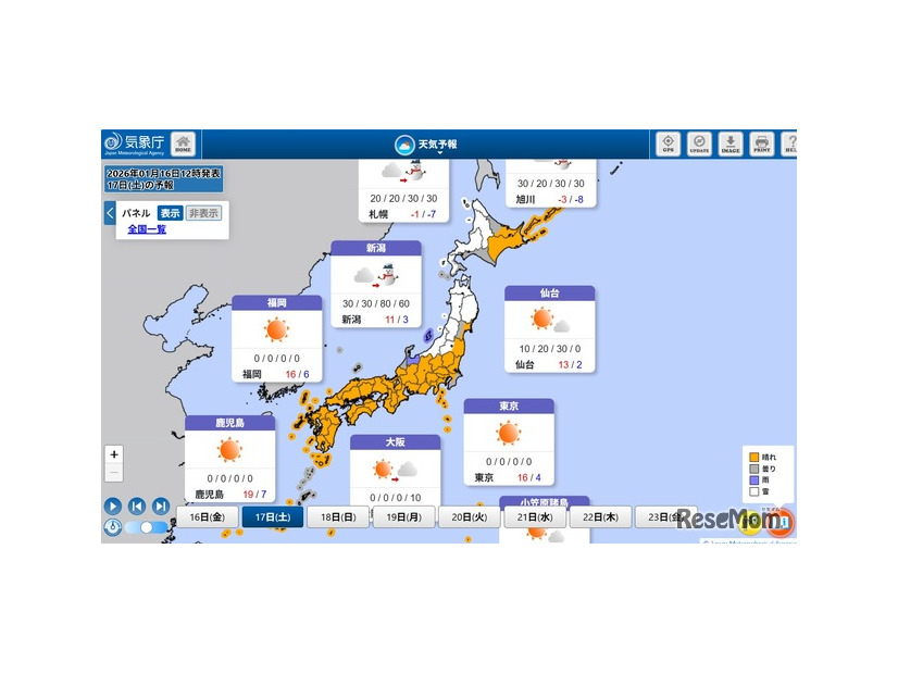 全国の天気予報、共通テスト1日目（2026年1月17日）