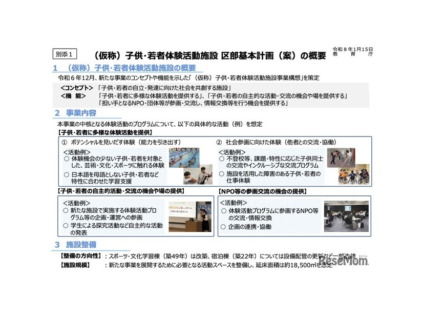 （仮称）子供・若者体験活動施設 区部基本計画（案）の概要