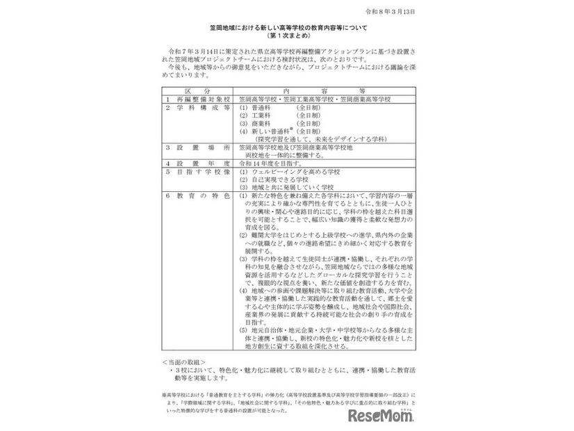 笠岡地域における新しい高等学校の教育内容等について （第1次まとめ）