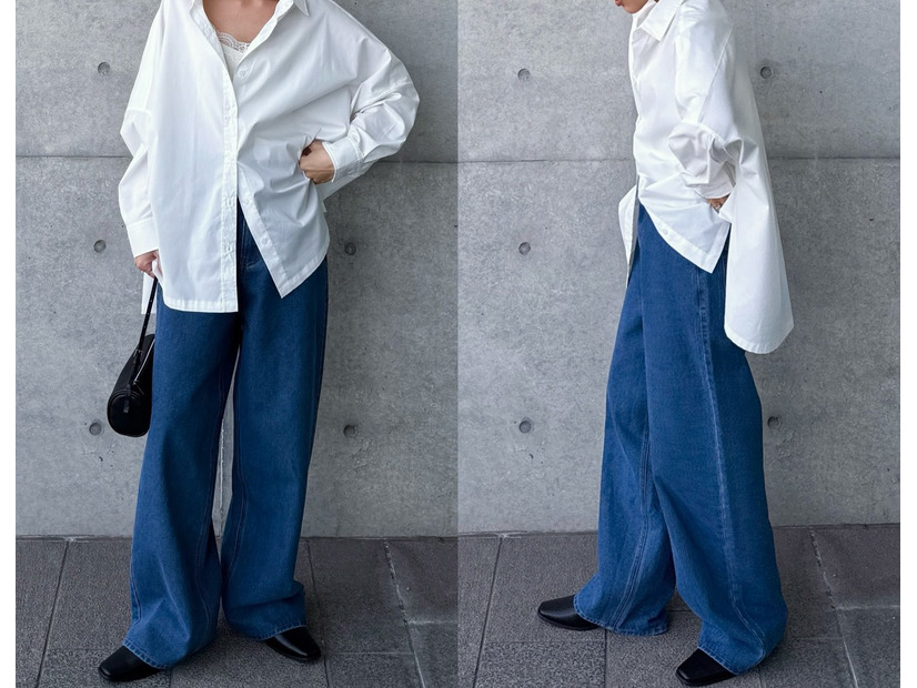 究極シンプルでおしゃれな白シャツ×デニムの旬スタイル。シルエットが美しく体型カバーも叶える着こなし【40代の毎日コーデ】