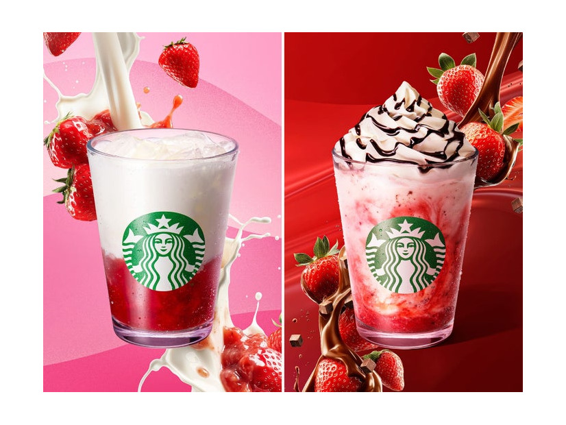 「ごろっとイチゴミルク」「イチゴチョコレートフラペチーノ」（提供写真）