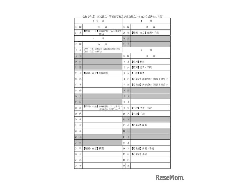 令和9年度東京都立中等教育学校および東京都立中学校入学者決定の日程