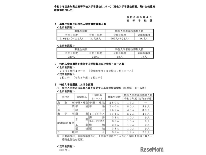 令和9年度鳥取県立高等学校入学者選抜について（特色入学者選抜概要、県外生徒募集概要等について）