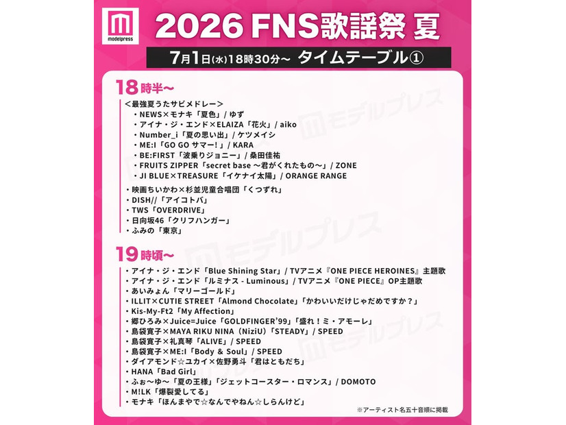 「2026 FNS歌謡祭 夏」タイムテーブル（C）モデルプレス