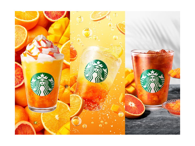 ぎゅぎゅっと オレンジ ＆ マンゴー フラペチーノ（R）、チラックス ソーダ オレンジ＆マンゴー、クラフト ジューシー オレンジ＆マンゴー ティー（提供写真）