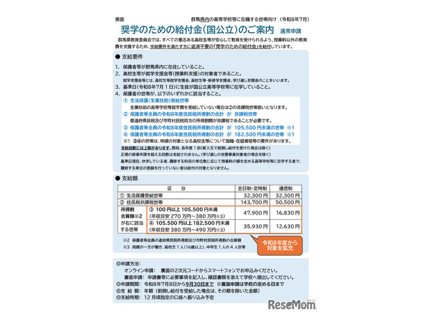群馬県内の高等学校等に在学している高校生等の世帯向け（通常申請）