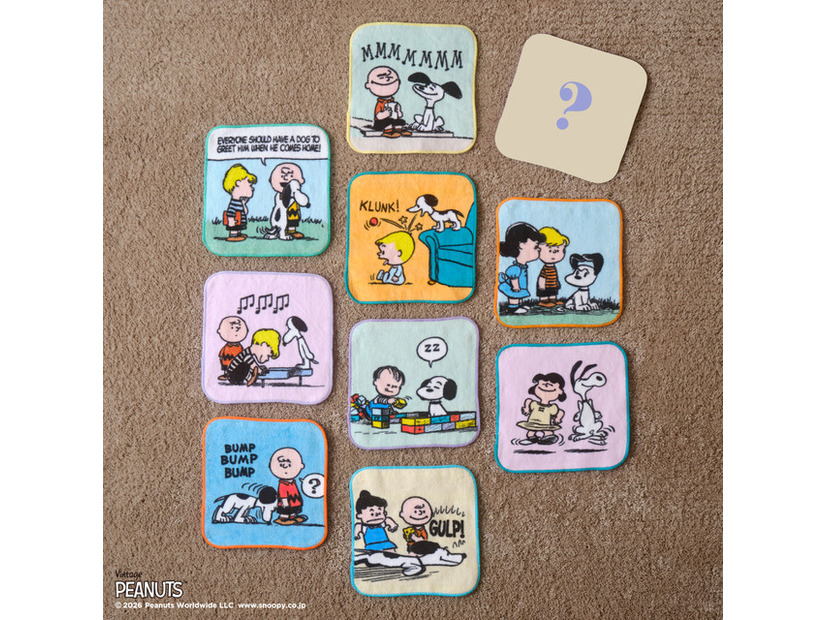 ランダムミニタオル 各￥550※10種類のうち1つはシークレット／© 2026 Peanuts Worldwide LLC