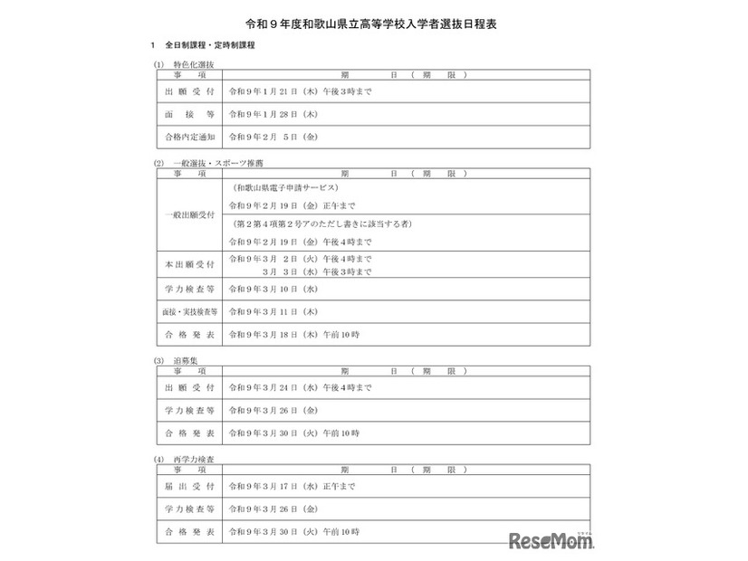 令和9年度和歌山県立高等学校入学者選抜日程表