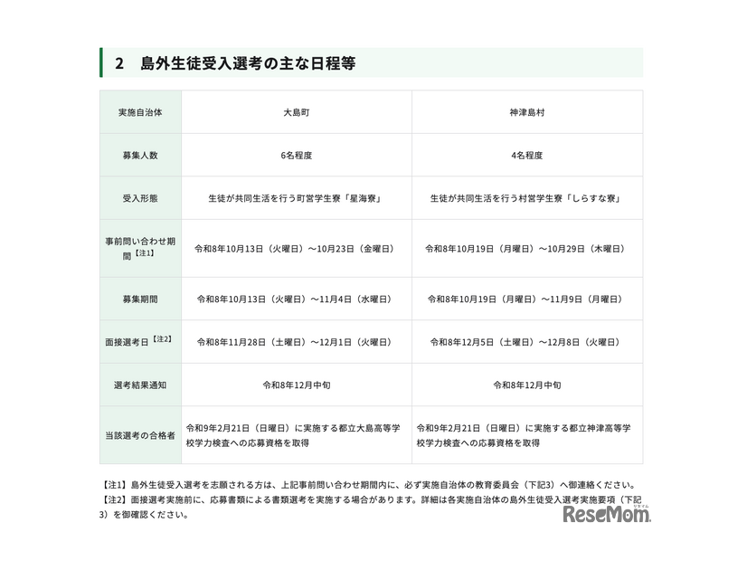 島外生徒受入選考のおもな日程等