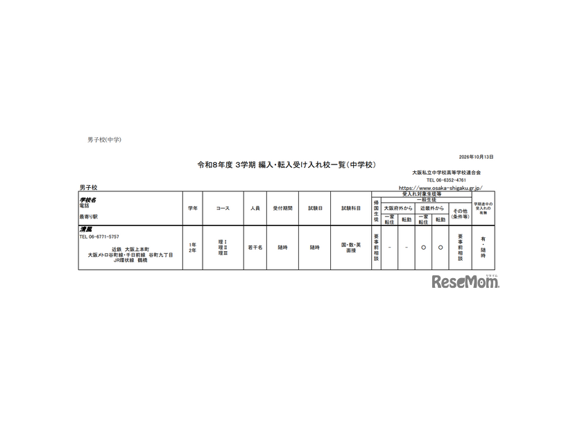 2026年度 3学期 編入・転入受け入れ校一覧（中学校）【男子校】
