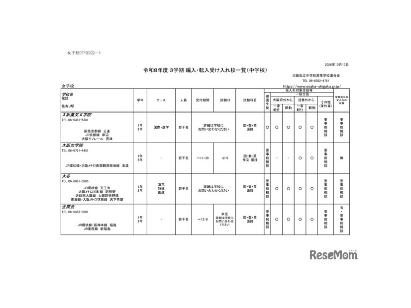 2026年度 3学期 編入・転入受け入れ校一覧（中学校）【女子校】