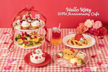 「ハローキティ50周年記念カフェ」東名阪で開催、キティ＆ミミィのアフヌンやケーキ風パフェ 画像