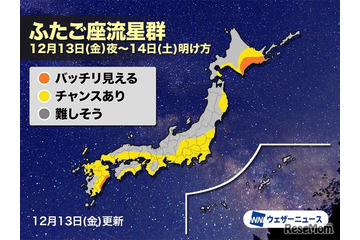 ふたご座流星群、12/13夜に見頃…気になる天気は？ 画像