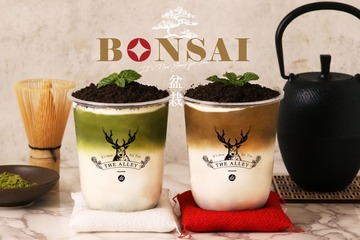 ジ アレイ、ほうじ茶と抹茶の新春ラテ 盆栽イメージの和風仕立て 画像