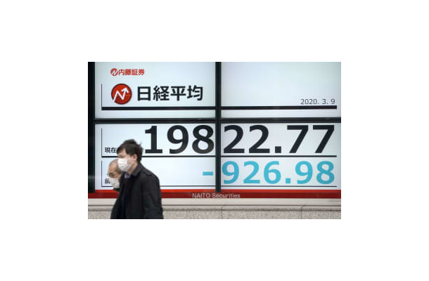 一時2万円を割り込んだ日経平均株価を示すボード＝9日午前、東京都中央区