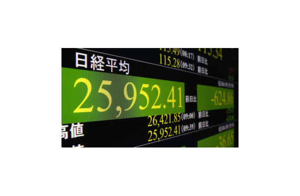 節目の2万6000円を割り込んだ日経平均株価を示すボード＝4日午前、東京・東新橋