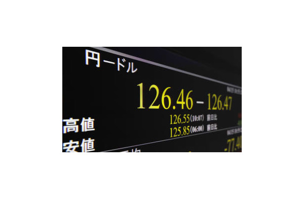 1ドル＝126円台半ばと約20年ぶりの円安ドル高水準となった円相場を示すモニター＝15日午前、東京・東新橋