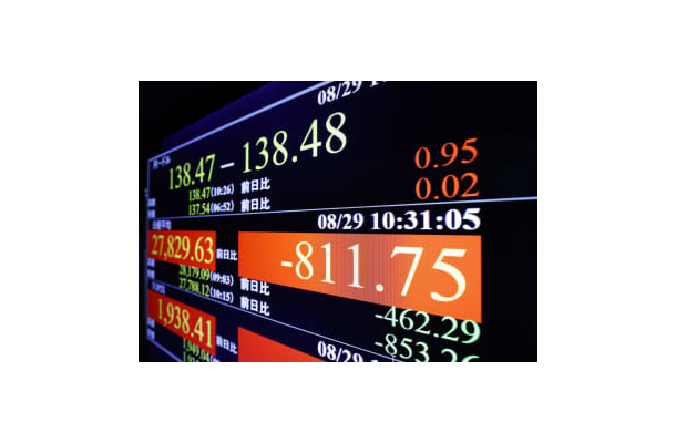 下げ幅が一時800円を超えた日経平均株価を示すモニター＝29日午前、東京・東新橋