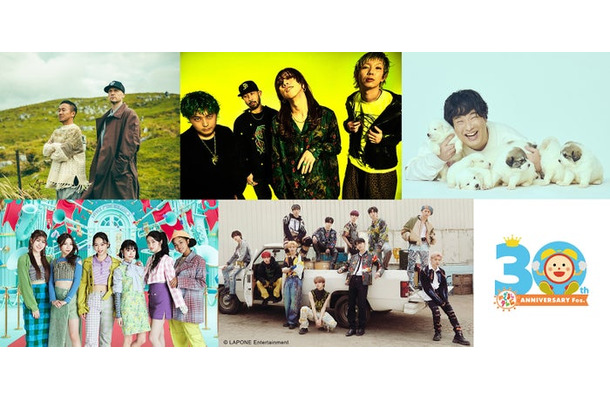 （上段左から）Def Tech、SUPER BEAVER、岡崎体育（下段左から）Little Glee Monster、INI（C）フジテレビ