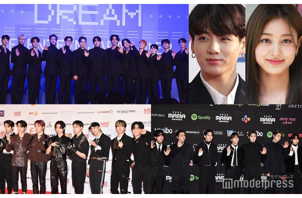 （上段左から時計回り）SEVENTEEN（C）モデルプレス、JUNG KOOK／photo by Getty Images、ジヒョ、ENHYPEN、Stray Kids（C）モデルプレス